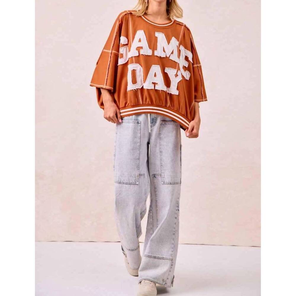NEW BIBI gameday patchwork stitch detail french terry top in burnt orange/white - Picture 1 of 3